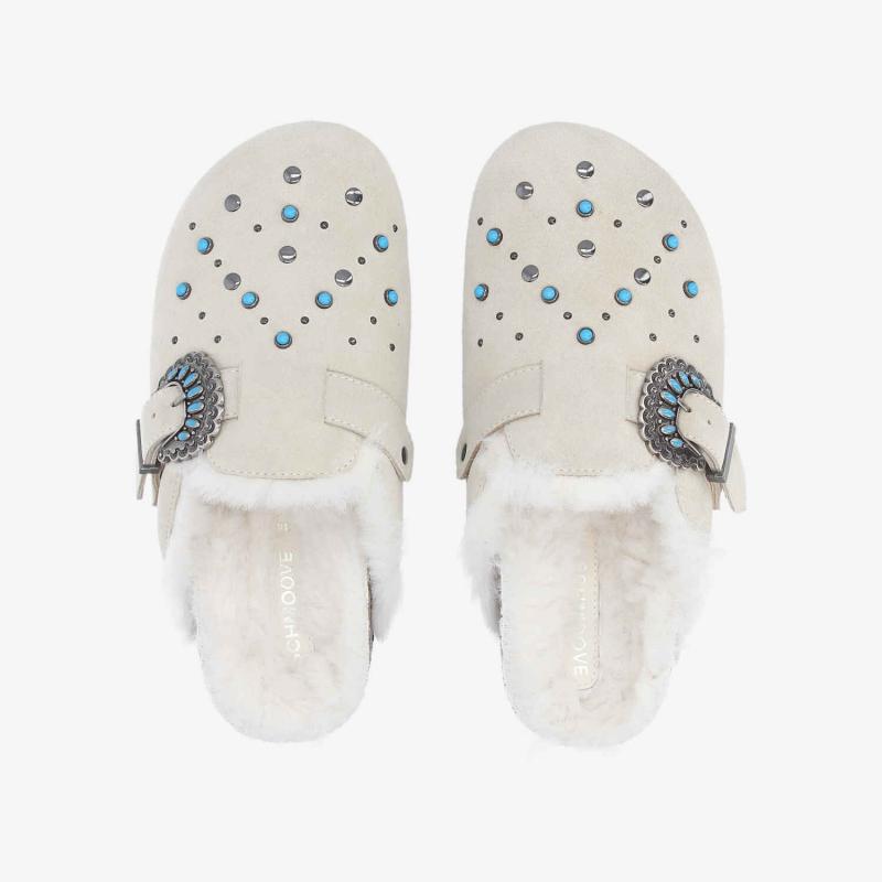 PALOMA CLOG W - SUEDE/FUR/RIVET -  BLANC CASSE/BLEU TURQUOISE